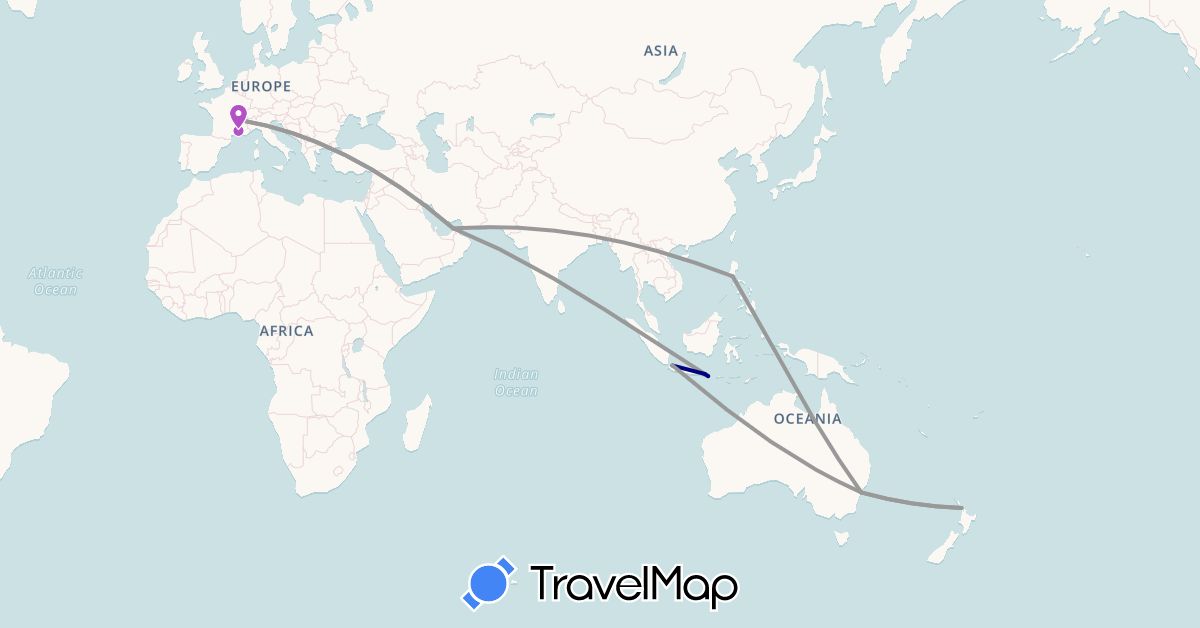 TravelMap itinerary: driving, plane, train, boat in United Arab Emirates, Australia, France, Indonesia, New Zealand, Philippines (Asia, Europe, Oceania)
